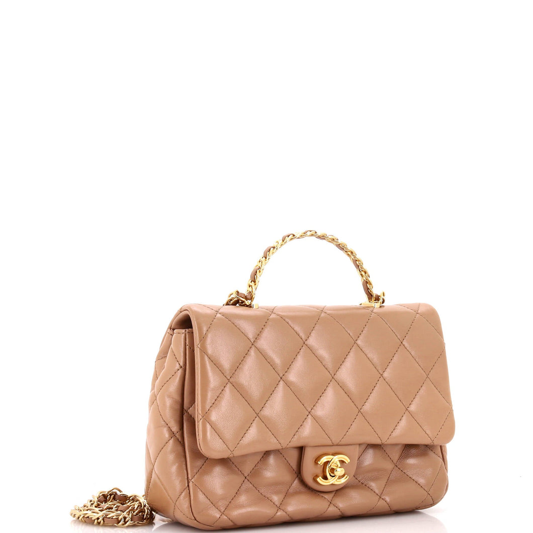 Golden Links Top Handle Flap Bag Quilted Shiny Lambskin Medium