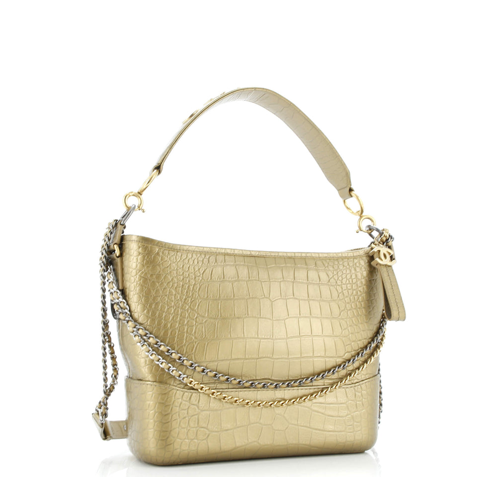 Gabrielle Hobo with Logo Handle Crocodile Embossed Calfskin Medium