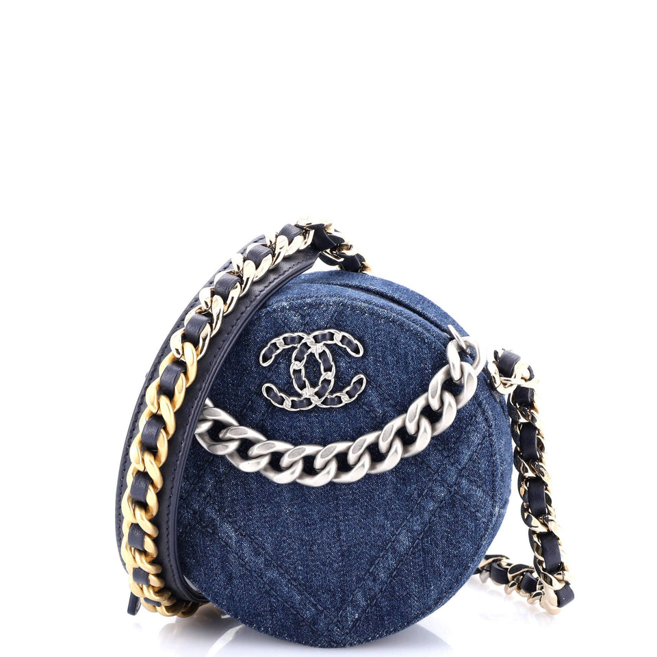 19 Round Clutch with Chain Quilted Denim