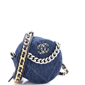 19 Round Clutch with Chain Quilted Denim