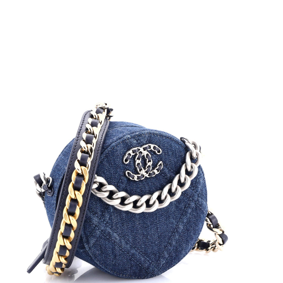 19 Round Clutch with Chain Quilted Denim