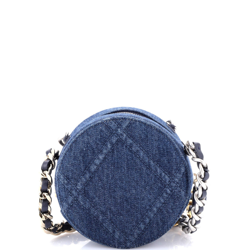 19 Round Clutch with Chain Quilted Denim