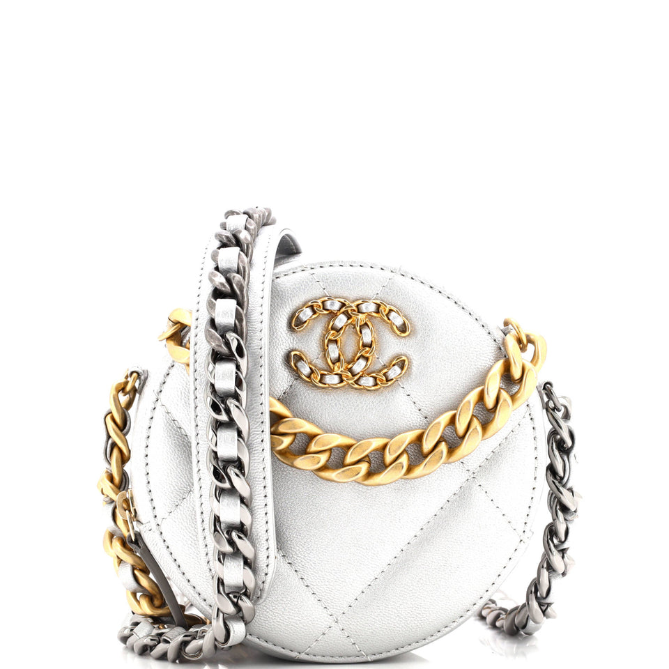 19 Round Clutch with Chain Quilted Leather