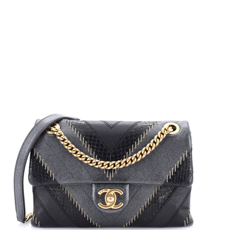 Cuba CC Flap Bag Whipstitch Chevron Leather and Python Medium