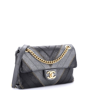Cuba CC Flap Bag Whipstitch Chevron Leather and Python Medium