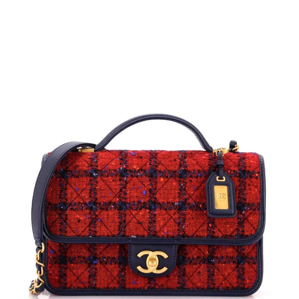 School Memory Top Handle Flap Bag Quilted Tweed Small
