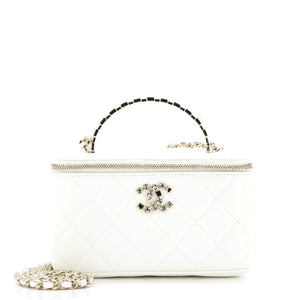 Crystal Logo CC Top Handle Vanity Case with Chain Quilted Lambskin Small