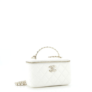 Crystal Logo CC Top Handle Vanity Case with Chain Quilted Lambskin Small