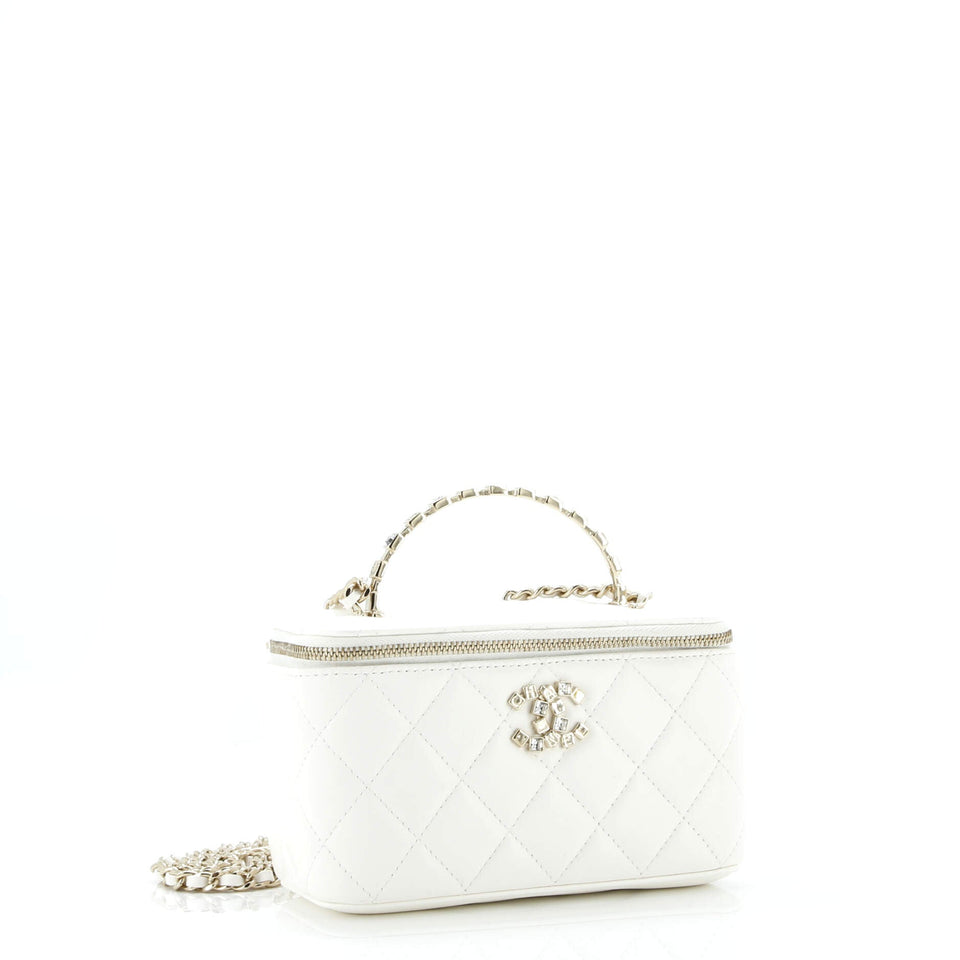 Crystal Logo CC Top Handle Vanity Case with Chain Quilted Lambskin Small