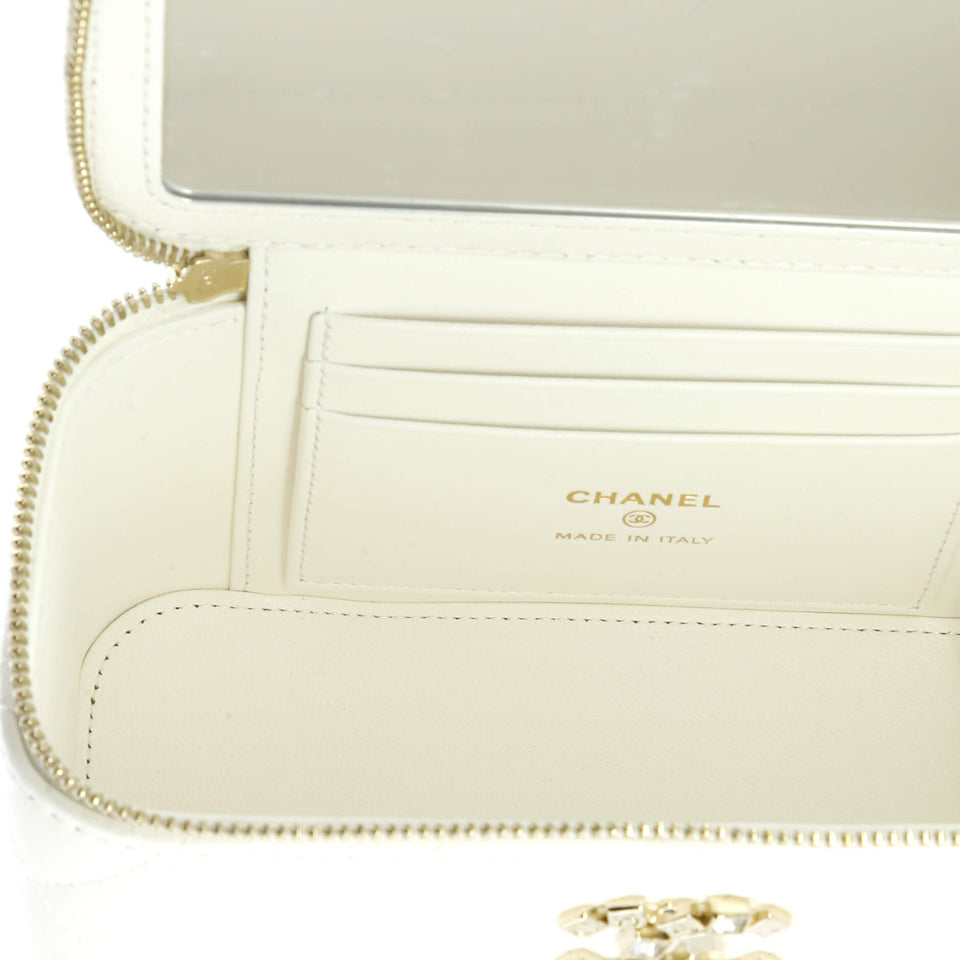 Crystal Logo CC Top Handle Vanity Case with Chain Quilted Lambskin Small