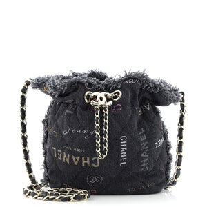 Denim Mood Chain Bucket Bag Logo Printed Quilted Fringe Denim Small