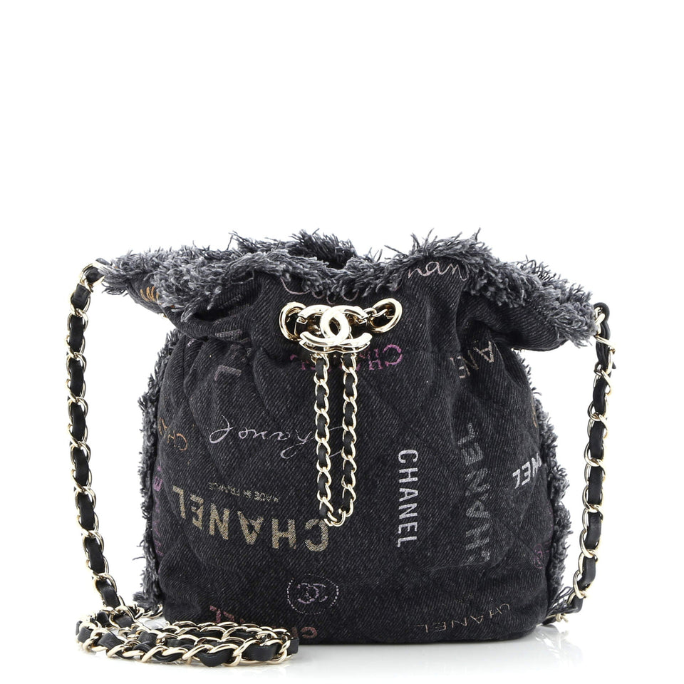 Denim Mood Chain Bucket Bag Logo Printed Quilted Fringe Denim Small