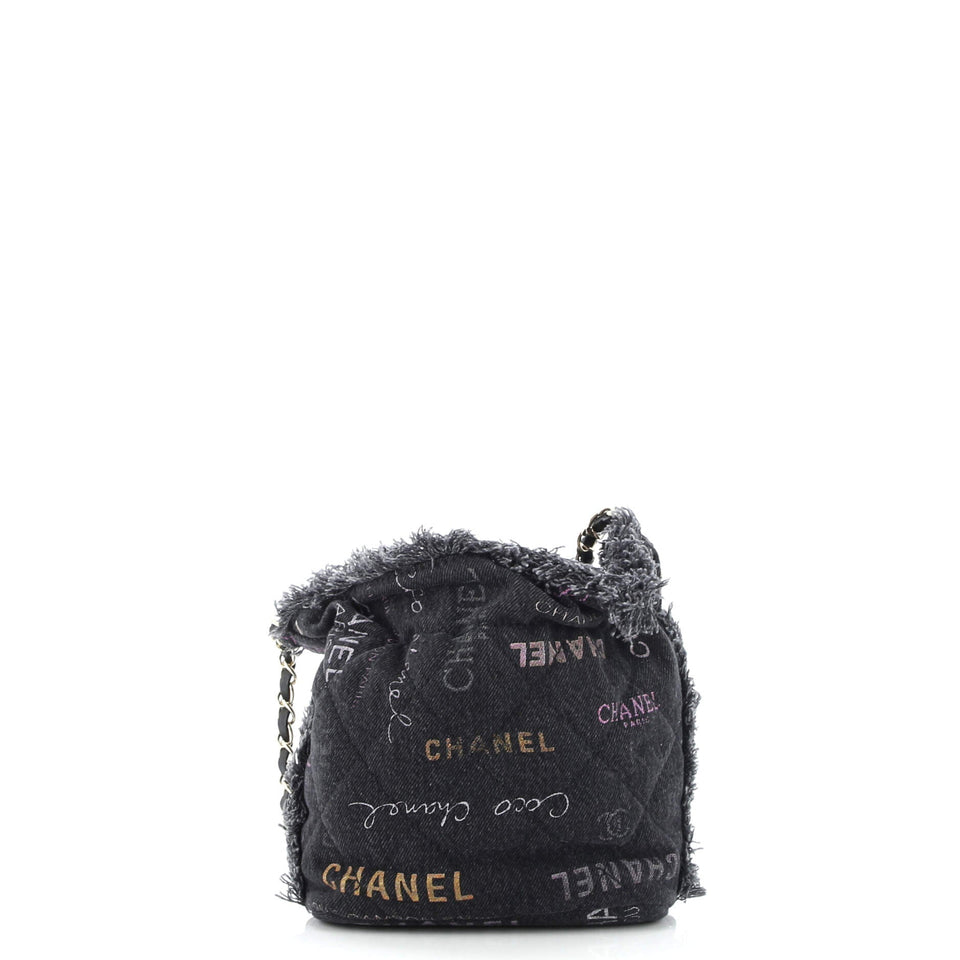 Denim Mood Chain Bucket Bag Logo Printed Quilted Fringe Denim Small