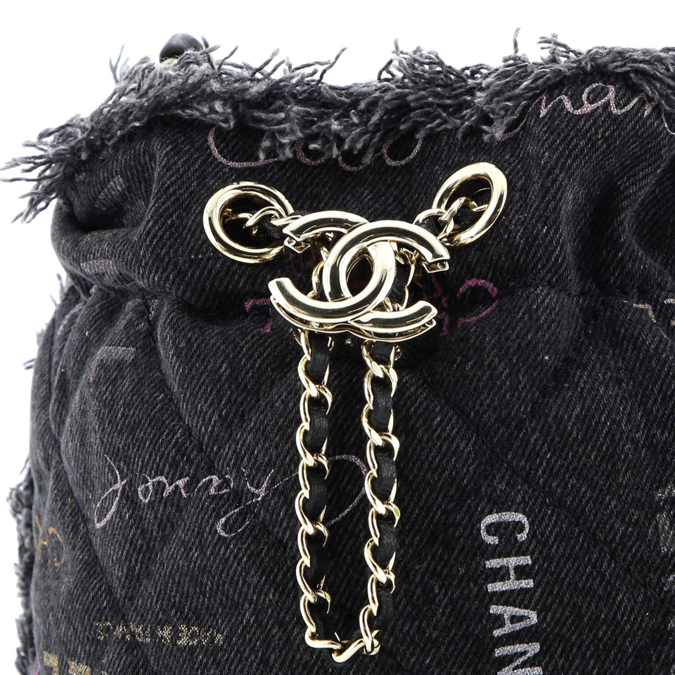 Denim Mood Chain Bucket Bag Logo Printed Quilted Fringe Denim Small