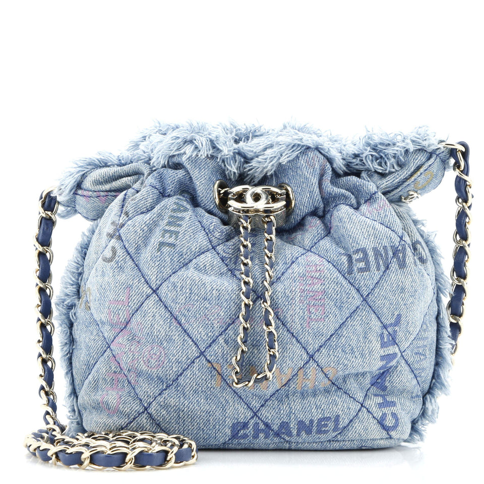 Denim Mood Chain Bucket Bag Logo Printed Quilted Fringe Denim Medium