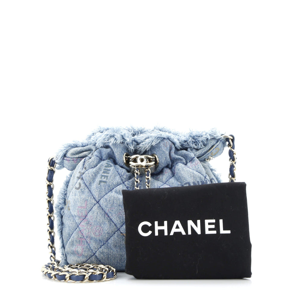 Denim Mood Chain Bucket Bag Logo Printed Quilted Fringe Denim Medium