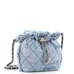 Denim Mood Chain Bucket Bag Logo Printed Quilted Fringe Denim Medium