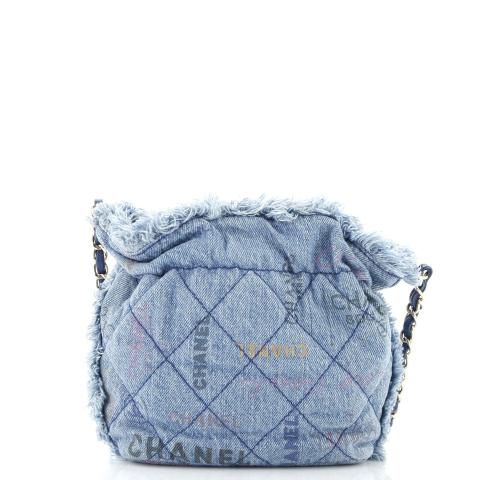 Denim Mood Chain Bucket Bag Logo Printed Quilted Fringe Denim Medium