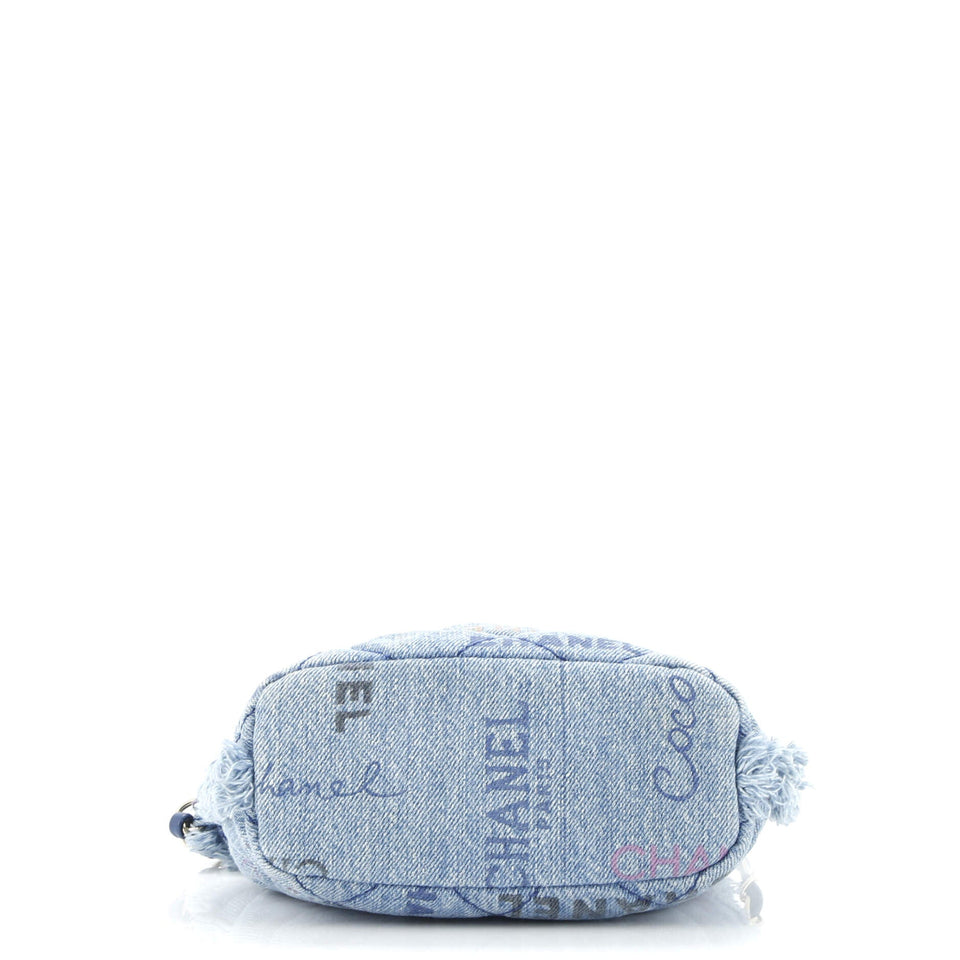 Denim Mood Chain Bucket Bag Logo Printed Quilted Fringe Denim Medium