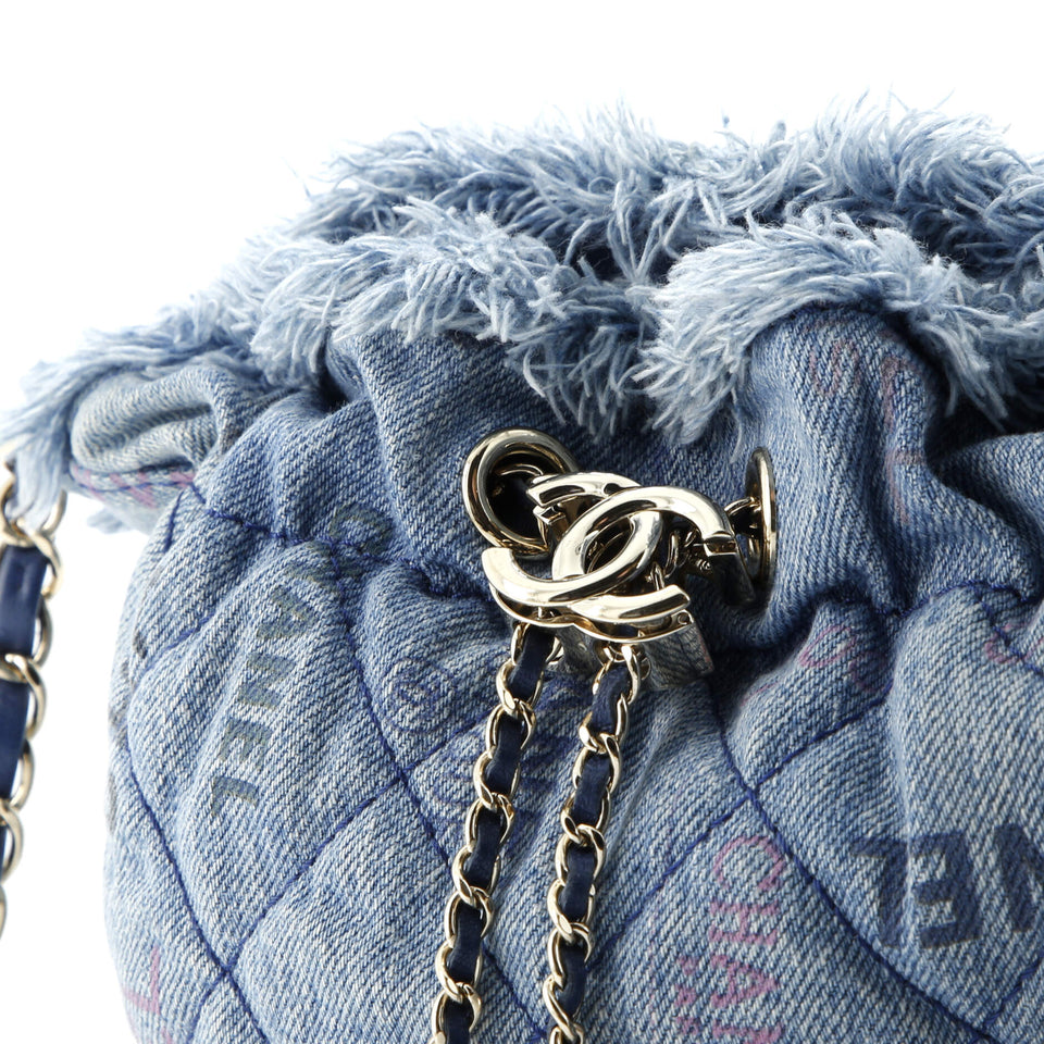 Denim Mood Chain Bucket Bag Logo Printed Quilted Fringe Denim Medium