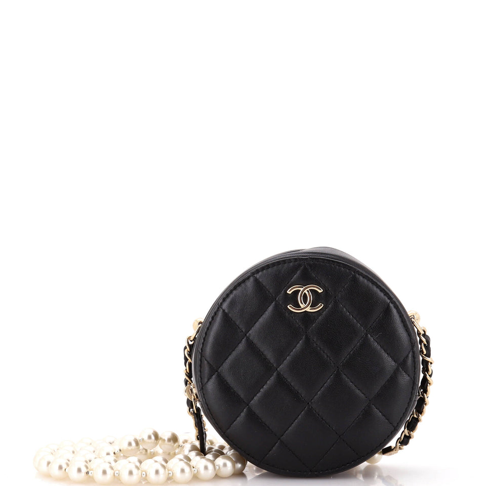 About Pearls Round Clutch with Chain Quilted Lambskin Mini