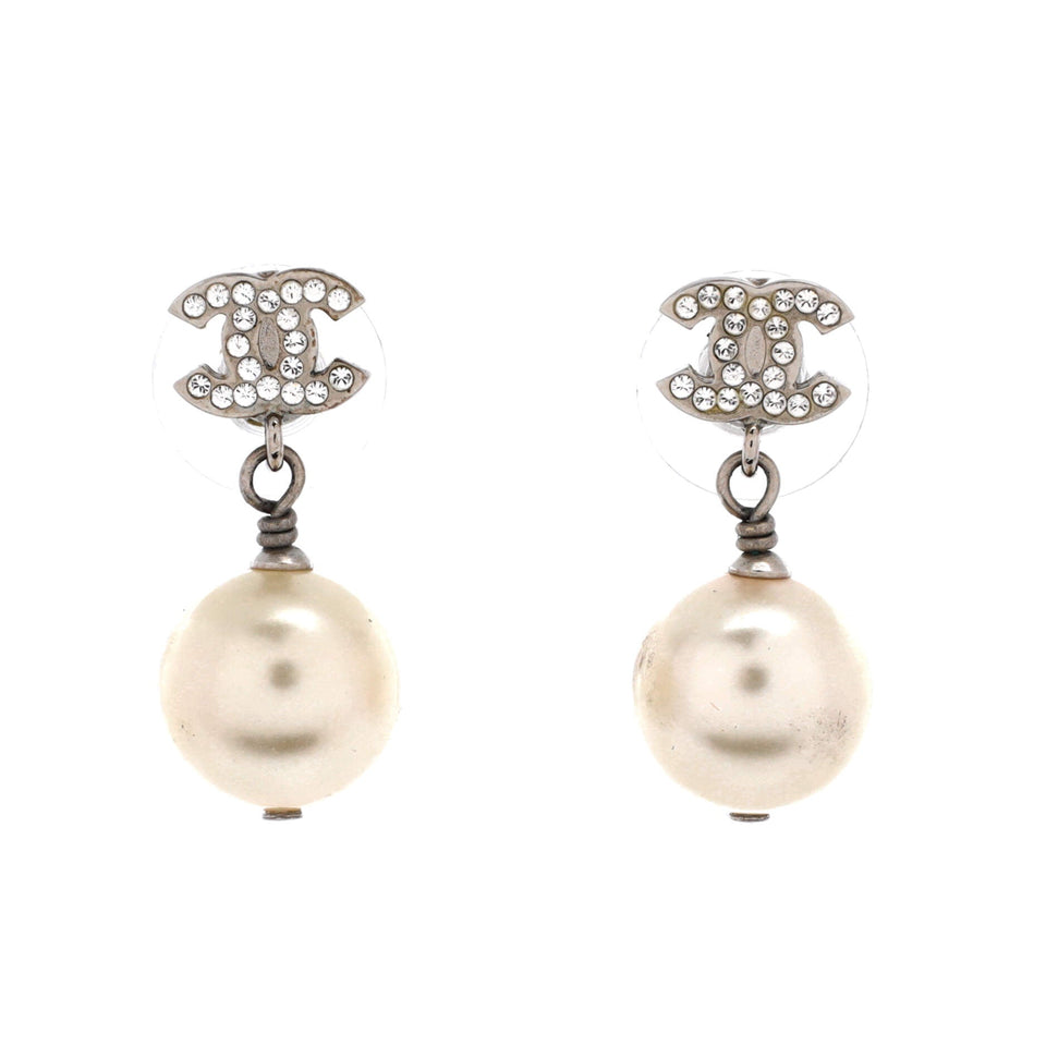 CC Dangle Earrings Crystal Embellished Metal with Faux Pearls