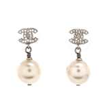 CC Dangle Earrings Crystal Embellished Metal with Faux Pearls