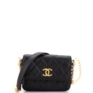About Pearls Flap Card Holder with Chain Quilted Calfskin