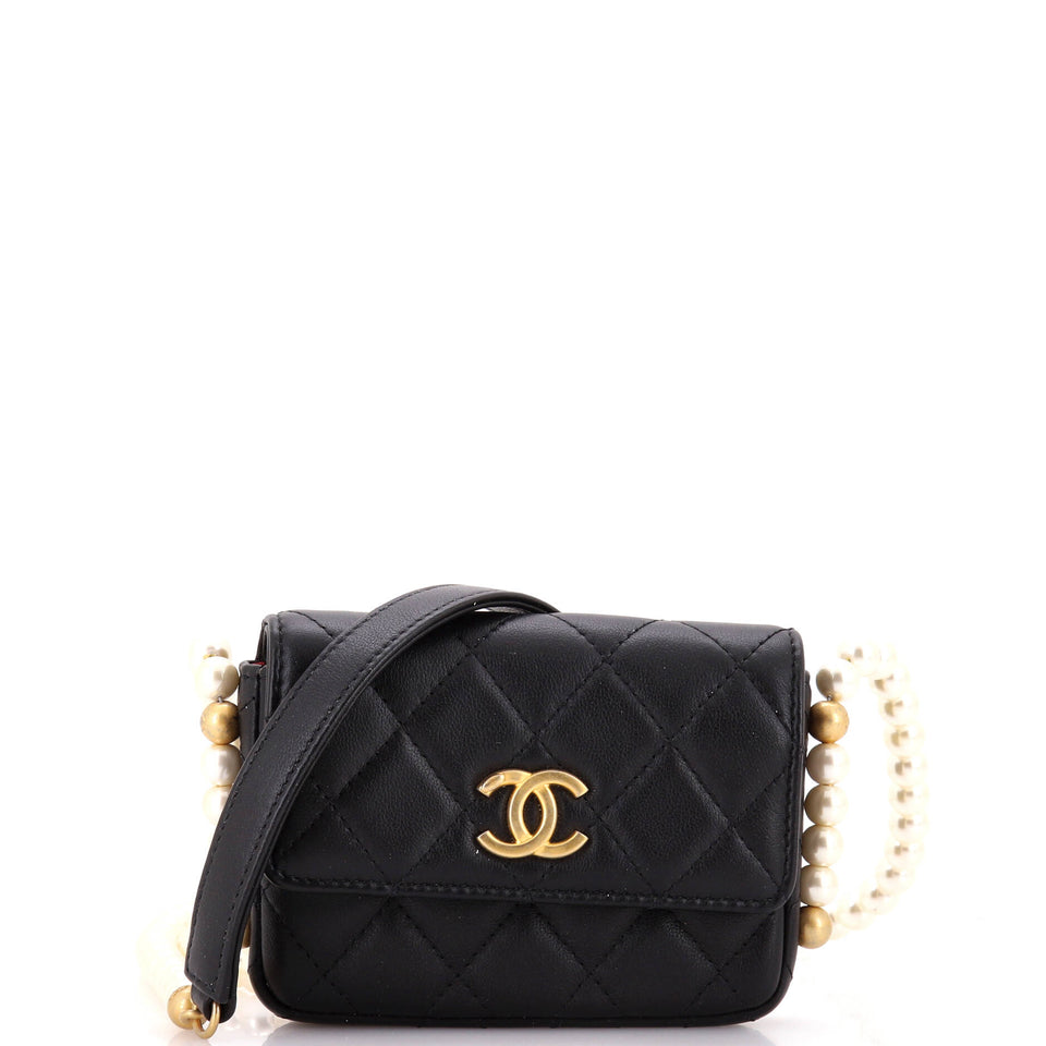 About Pearls Flap Card Holder with Chain Quilted Calfskin