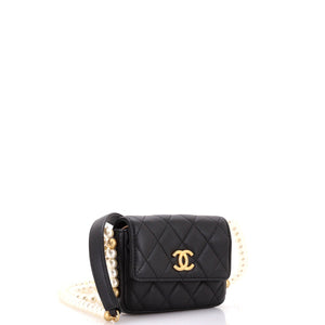 About Pearls Flap Card Holder with Chain Quilted Calfskin