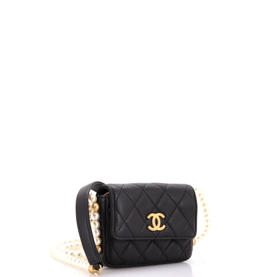 About Pearls Flap Card Holder with Chain Quilted Calfskin