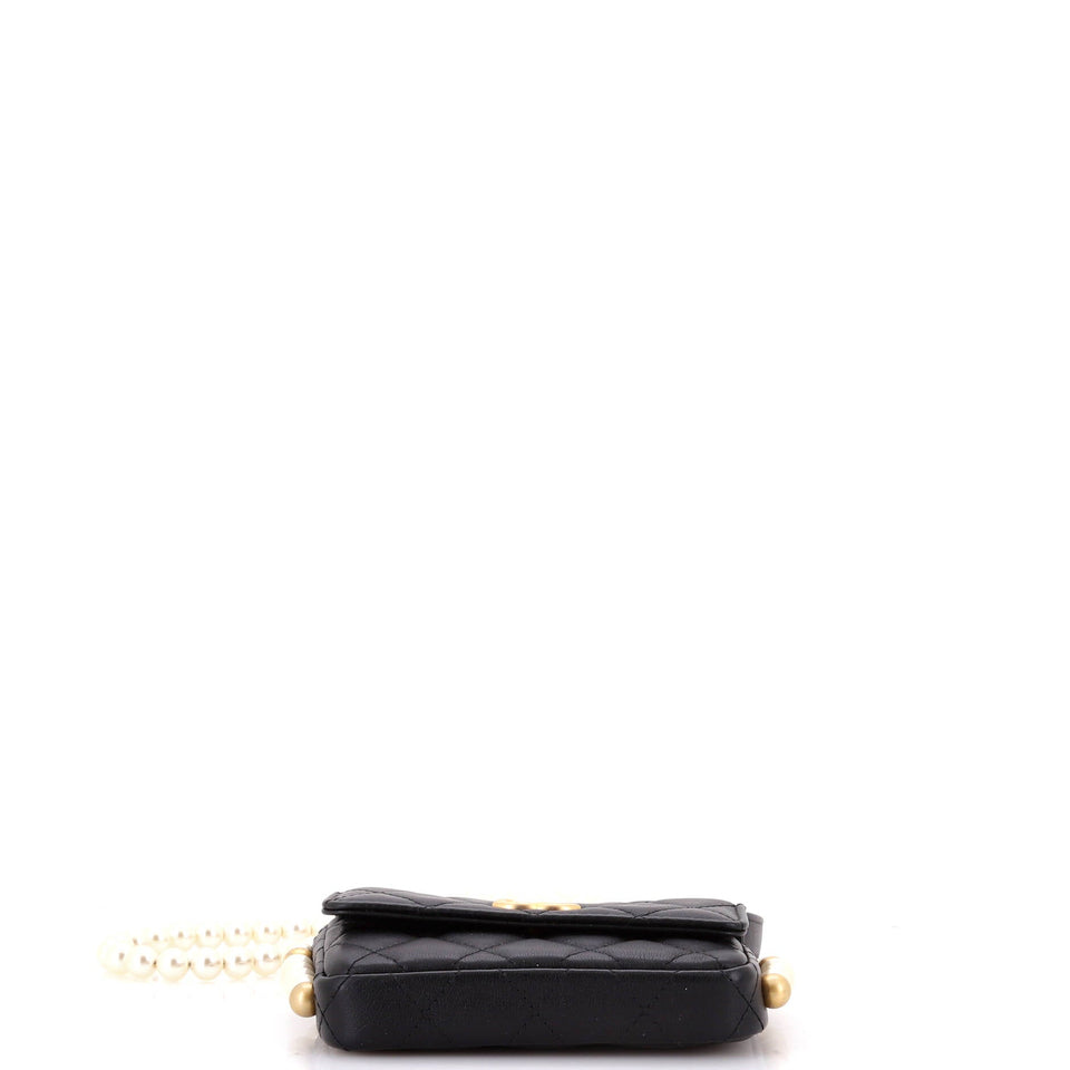 About Pearls Flap Card Holder with Chain Quilted Calfskin