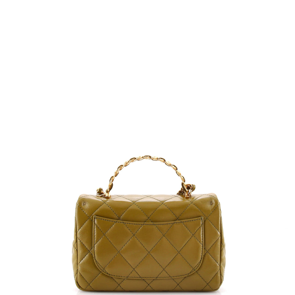 Golden Links Top Handle Flap Bag Quilted Shiny Lambskin Small
