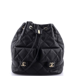 Double Pocket Drawstring Backpack Quilted Calfskin Small