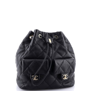 Double Pocket Drawstring Backpack Quilted Calfskin Small