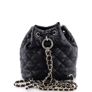 Double Pocket Drawstring Backpack Quilted Calfskin Small