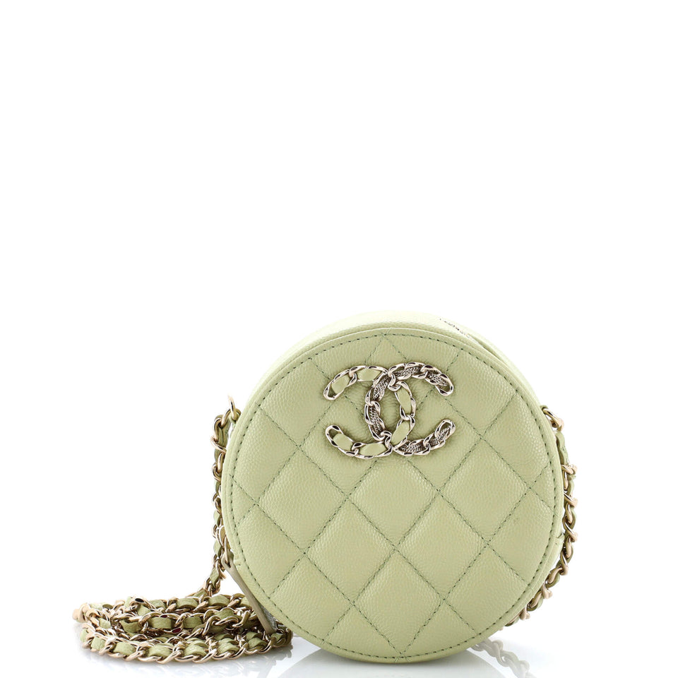 French New Wave Round Clutch with Chain Quilted Caviar