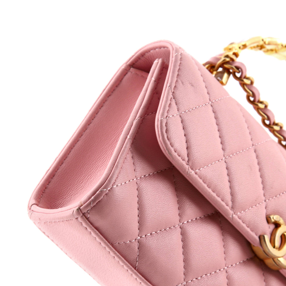 Top Handle Phone Holder with Chain Quilted Lambskin with Enamel
