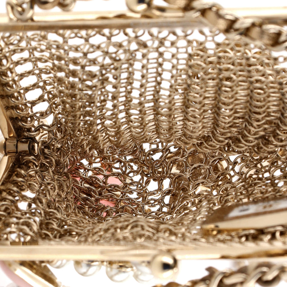 CC Charm Kisslock Frame Clutch with Chain Embellished Metal Mesh Mini