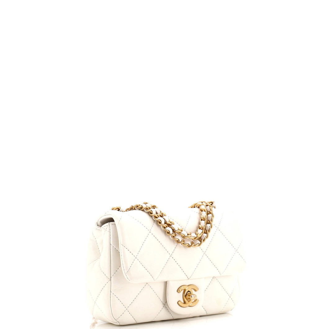 CC Pearl Chain Square Flap Bag Quilted Lambskin Mini