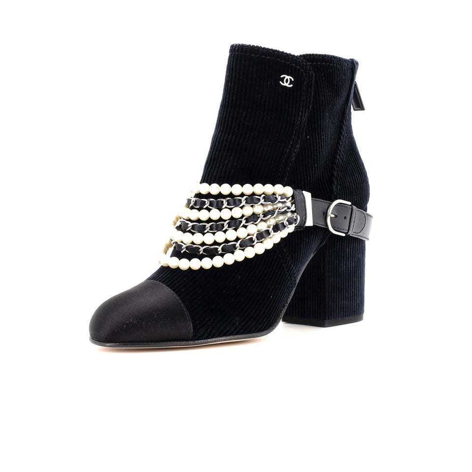 Women's Pearl Chain Strap Ankle Boots Corduroy