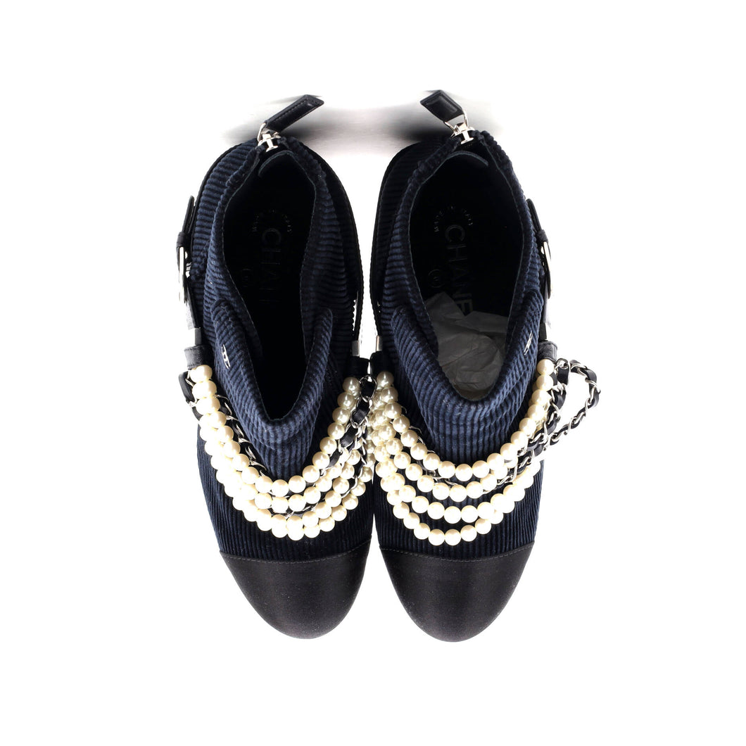 Women's Pearl Chain Strap Ankle Boots Corduroy