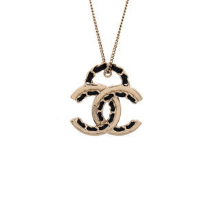 Woven Chain CC Pendant Necklace Metal and Leather
