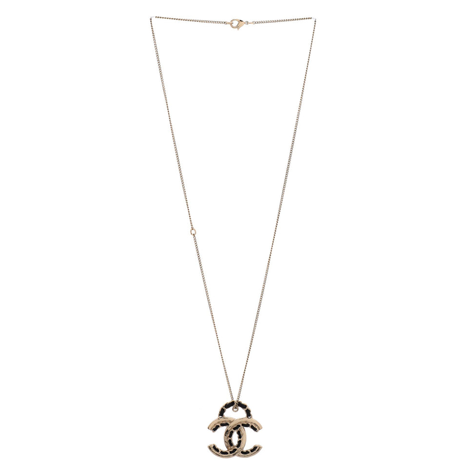 Woven Chain CC Pendant Necklace Metal and Leather