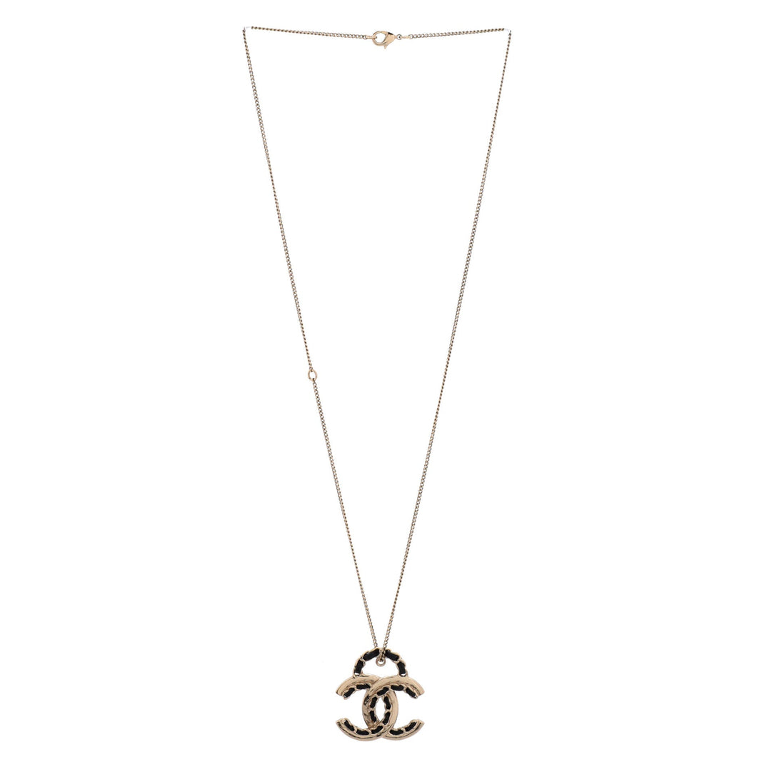 Woven Chain CC Pendant Necklace Metal and Leather