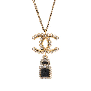 Scalloped CC Perfume Bottle Drop Pendant Necklace Metal with Crystals, Faux Pearls and Resin