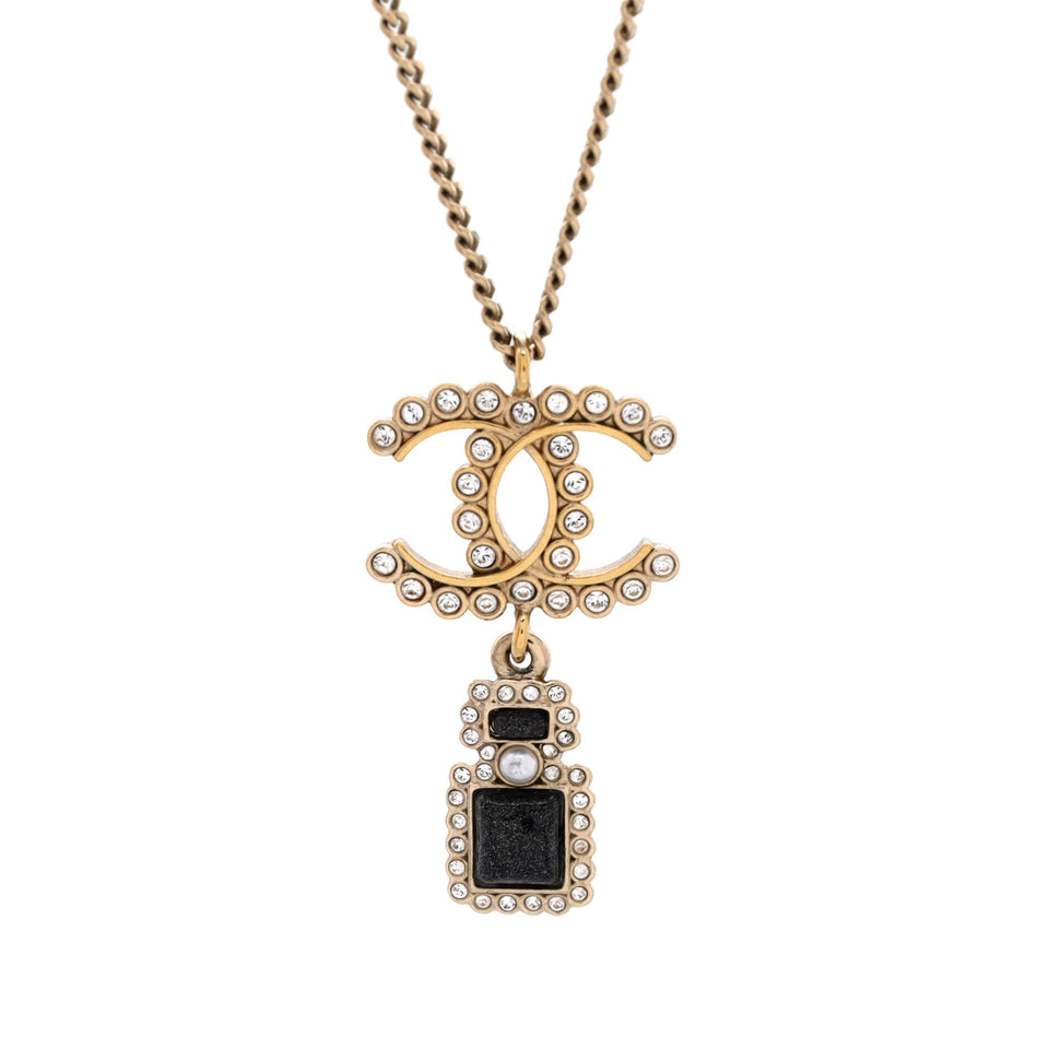 Scalloped CC Perfume Bottle Drop Pendant Necklace Metal with Crystals, Faux Pearls and Resin