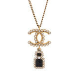 Scalloped CC Perfume Bottle Drop Pendant Necklace Metal with Crystals, Faux Pearls and Resin