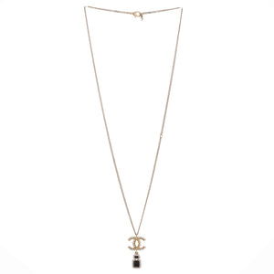 Scalloped CC Perfume Bottle Drop Pendant Necklace Metal with Crystals, Faux Pearls and Resin