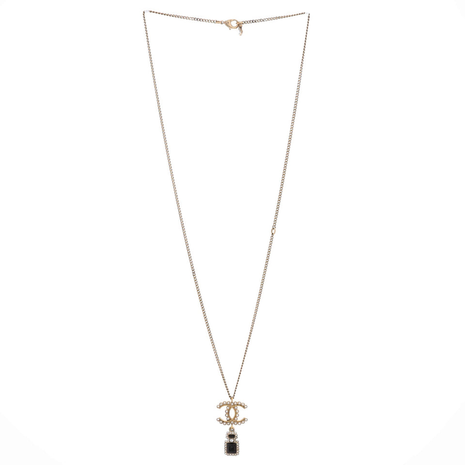 Scalloped CC Perfume Bottle Drop Pendant Necklace Metal with Crystals, Faux Pearls and Resin